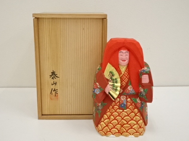 泰山造　一刀彫彩色猩々置物（共箱）